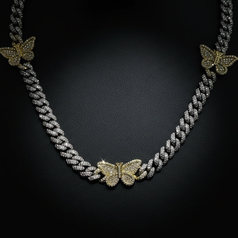 Silver Moissanite Butterfly Cuban Necklace at Earring Kingz